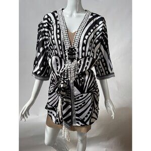 White House Black Market Printed Kimono-Style Tunic S Black & White With Embelli